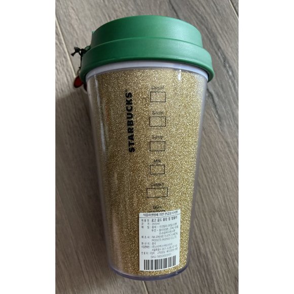 2010 Starbucks Holiday Tumbler GOLD GLITTER 16 ounce Cold Cup Green Lid NEW - Picture 7 of 7